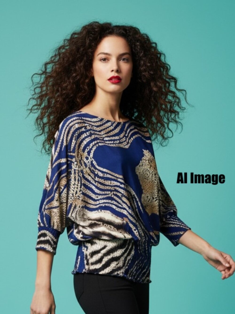 QED London Blue Animal Print Dolman Sleeve Smocked Waist Top Size M